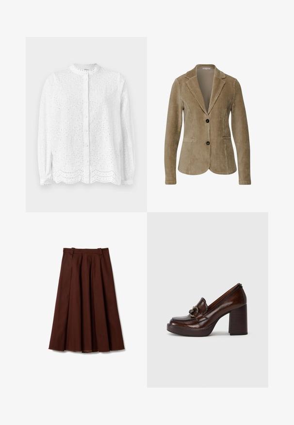 Blazer de pana marrón con cuello con muesca, dos botones y bolsillos frontales; presenta un acanalado vertical y un forro interior liso.; Blusa blanca con escote redondo, mangas largas y cierre de botones; presenta recortes bordados y un dobladillo festoneado.; Falda plisada marrón hecha de tela suave, con cintura alta y dobladillo de borde sin rematar. El diseño presenta una silueta fluida y líneas limpias.; Mocasines de tacón de cuero marrón con una textura suave, punta redondeada y una hebilla decorativa de cadena en el empeine. Diseño de tacón cuadrado.