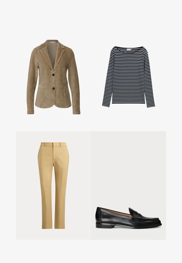 Blazer en velours côtelé marron avec col à revers, deux boutons et poches avant ; présente un côtelé vertical et une doublure intérieure lisse.; Shirt rayé bleu marine et blanc à manches longues avec un grand col, fabriqué à partir d'un matériau doux, présentant des rayures horizontales uniformément espacées.; Pantalon beige droite avec passants de ceinture, pli à l'avant et ceinture unie sur fond uni.; Lauren Ralph Lauren WYNNIE - Chaussons - black