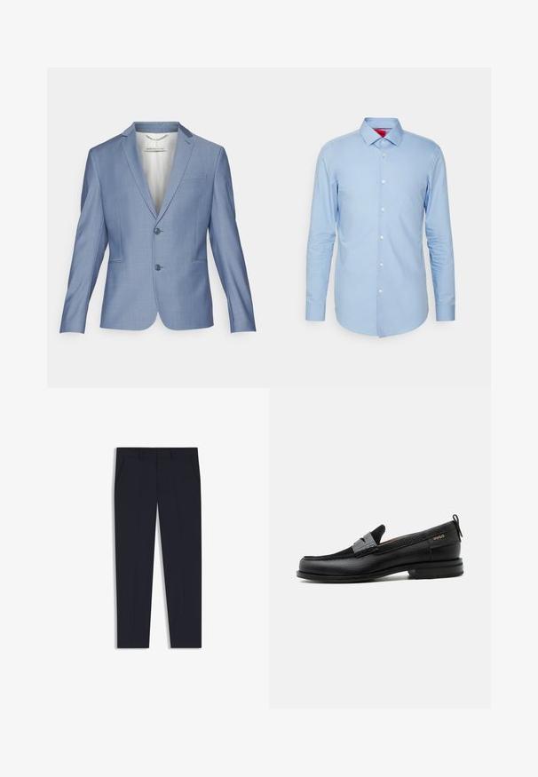 Blazer azul claro a rayas con solapas de muesca, dos botones y bolsillos laterales. Tejido suave con un ligero brillo y ajuste entallado.; Camisa de manga larga azul claro hecha de algodón. Presenta un cuello abotonado y una tapeta frontal con botones blancos. Textura suave, ajuste slim.; Pantalones azul marino con un corte ajustado, que cuentan con dos bolsillos frontales, un diseño plano en la parte delantera y una textura suave. Sin patrones ni adornos visibles.; Mocasín de cuero negro con detalle de tira gris, tacón bajo y suela texturizada, con la marca "HUGO" en oro en el lateral.