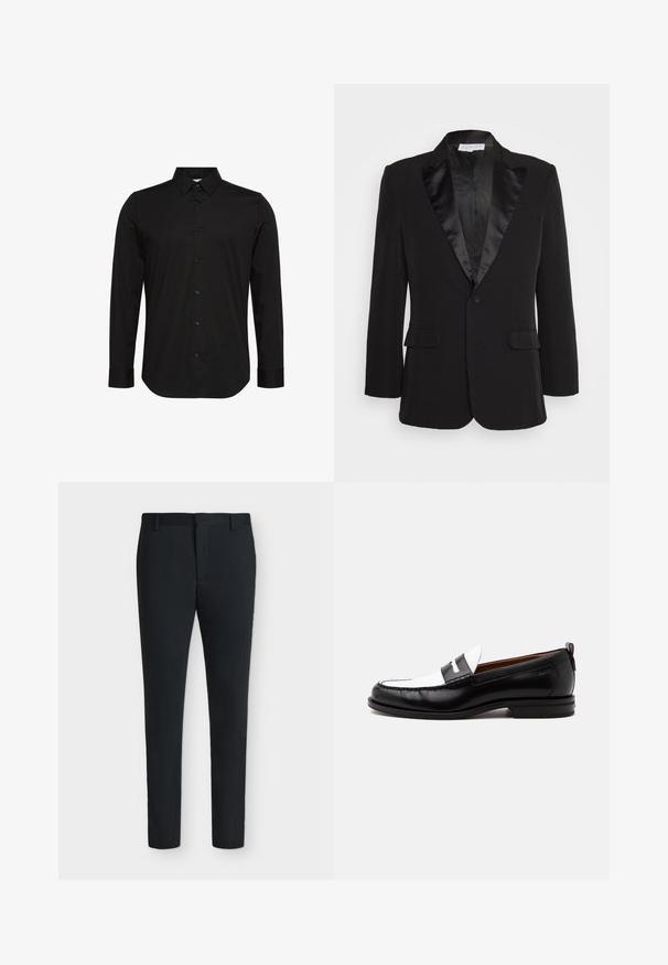 Heathe BLACK DINNER JACKET - Americana - black; Camisa negra de manga larga hecha de tela suave, con un cuello puntiagudo, cierre frontal con botones y un pequeño logo en el pecho.; Pantalones de vestir negros de corte ajustado con trabillas, cremallera frontal y sin bolsillos visibles, mostrados sobre un fondo blanco liso.; Mocasín de cuero blanco y negro con detalles cosidos, tacón bajo y diseño tipo slip-on, mostrado de lado sobre un fondo liso.