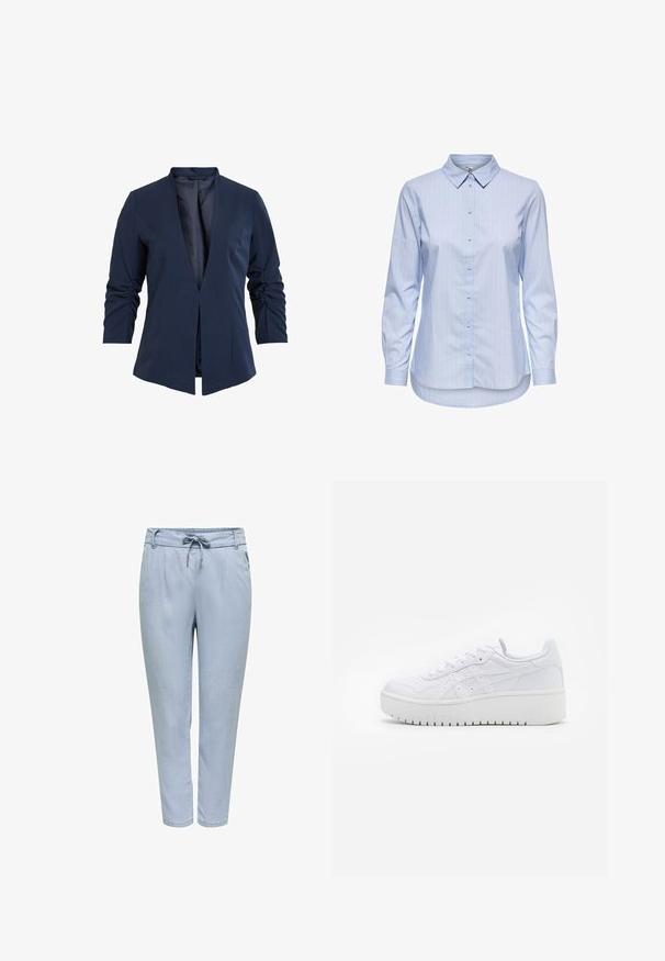 Marineblazer i et glat stof med dyb V-hals, lange ærmer og draperet detail på ærmerne. Åben frontdesign.; Blå stribet skjorte med knapper, krave, lange ærmer og buet kant. Stoffet virker glat og let. Knaplukning foran.; Lyseblå skræddersyede bukser lavet af et glat, let stof. Har en elastisk talje med snøre og sidelommer.; Hvide platform sneakers med en glat læderoverflade, perforerede detaljer og flade snørebånd; har en tyk hvid gummisål.