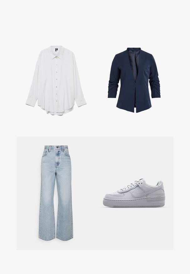 Navy bleiseri sileällä kankaalla, syvällä V-kaula-aukolla, pitkillä hihoilla ja kerrostetulla yksityiskohdalla hihoissa. Avoin etuosa.; Valkoinen pitkähihaButton-up-paita, jossa on terävä kaulus ja kaareva helma, esitetty yksivärisellä valkoisella taustalla.; Vaaleansinisiä farkkuja, joissa on leveät lahkeet ja korkea vyötärö. Klassinen viisi taskua -design ja kontrastivärinen ommel. Raaka helma alareunassa.; Harmaa Nike Air Force 1 -lenkkari, jossa on reikänenä, sileä nahkapäällinen, paksu pohja ja kohokuvioitu 'AIR'-yksityiskohta kantapäässä.