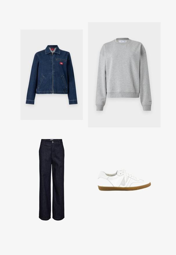 Donkerblauwe spijkerjas met ritssluiting aan de voorkant, twee onderste zakken, één borstzak met rits en een klein rood merkembleem op de borst.; Grijze sweatshirt met een ronde hals, lange mouwen en een iets cropped ontwerp. Gemaakt van zachte stof met ribgebreide boorden en zoom.; Donkerblauwe rechte spijkerbroek met knoop- en ritssluiting, riemlussen en zichtbare stiksel details.; Witte leren sneaker met een lage profiel, ronde neus en rubberen gumzool. Voorzien van witte veters en subtiele ontwerpaccenten.