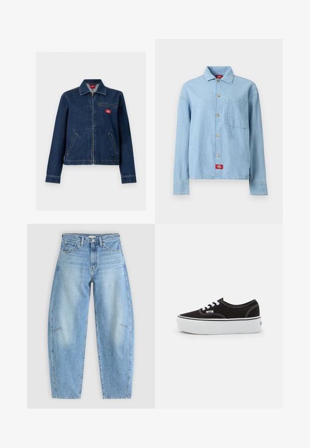 Donkerblauwe spijkerjas met ritssluiting aan de voorkant, twee onderste zakken, één borstzak met rits en een klein rood merkembleem op de borst.; Lichtblauw denim overhemd met lange mouwen, knopen aan de voorkant, één borstzak en een rood logolabel vlak bij de onderzoom.; Lichtblauwe denim jeans met een relaxte pasvorm, met een hoge taille, rechte pijpen en subtiele stiksels op de voorzakken.; Zwarte canvas sneaker met een witte rubberen platformzool, voorzien van witte veters en stiksels, iconische branding op de zijkant, low-top ontwerp.