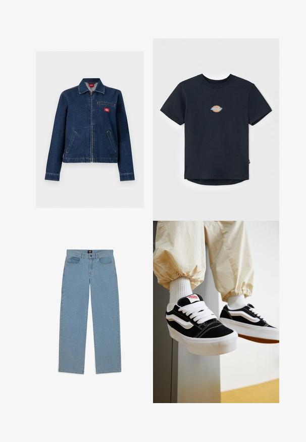 Donkerblauwe spijkerjas met ritssluiting aan de voorkant, twee onderste zakken, één borstzak met rits en een klein rood merkembleem op de borst.; Zwarte katoenen t-shirt met korte mouwen, ronde hals, en een klein multikleurig logo op de borst. Rechte zoom met een iets langere achterkant.; Lichtblauwe jeans, losse pasvorm, denim stof, vijf-pocket ontwerp, knoopsluiting, rechte pijpen, zichtbare stiksels, geen patronen of accenten.; Persoon die zwart-witte Vans sneakers draagt met witte veters, witte sokken en beige broek met elastische manchetten.