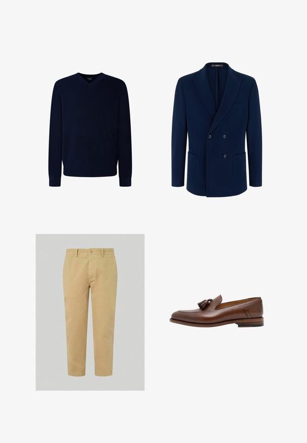 Navyblauwe double-breasted blazer met inkeping revers, twee voorzakken met klep en drie zichtbare knopen aan de voorkant.; Navyblauwe v-hals trui gemaakt van zacht breimateriaal met lange mouwen en geribbelde boorden, met een gladde textuur en minimale details.; Khaki chinos met een rechte pijp, voorzien van een sluiting met een knoop aan de voorkant, riemlussen en een zachte katoenen stof. Verkorte lengte.; Bruine leren loafers met een kwastje, gladde textuur, ronde neus en contrasterende stiksels. Heeft een gestapeld houten hak.