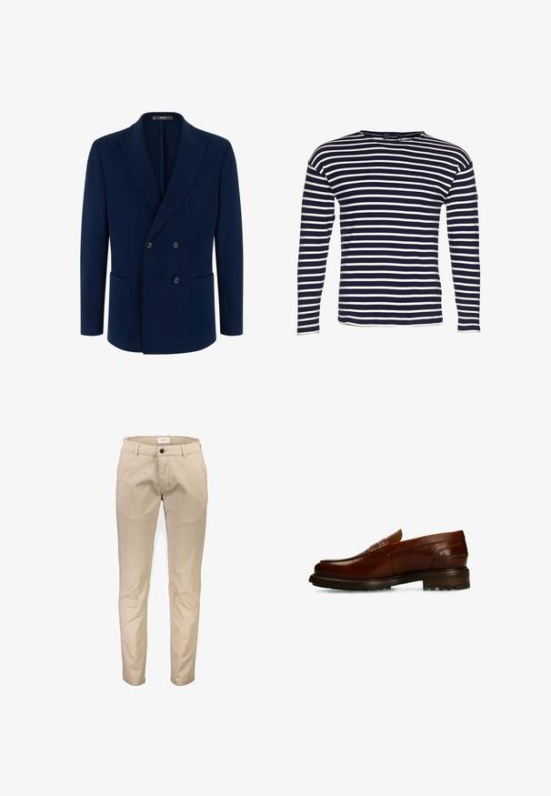 Navyblauwe double-breasted blazer met inkeping revers, twee voorzakken met klep en drie zichtbare knopen aan de voorkant.; Armor lux LOCTUDY MARINIÈRE - Longsleeve - navire/nature; Beige katoenen broek met een rechte pijp, voorzien van voorzakken, een ritssluiting en een enkele knoopsluiting. Gladde textuur, zonder patronen.; Bruine leren loafer met een gladde afwerking, ronde neus, reliëfdetails op het bovenwerk en een gestructureerde rubberen zool voor grip.