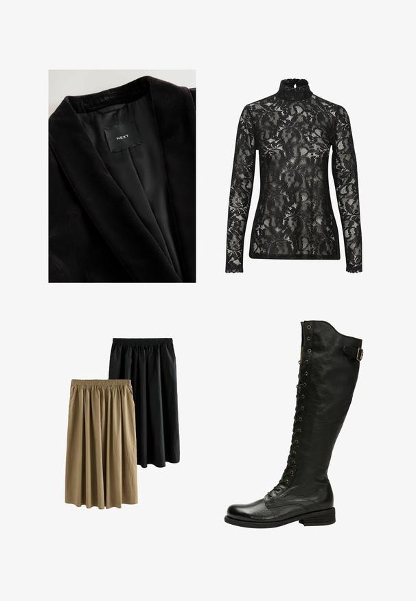Sort fløjl blazer med en glat satinforing. Bemærkelsesværdige detaljer inkluderer en reverskrave og et mærke indeni, der viser mærket "NEXT."; Sort blondelace turtleneck top med lange ærmer, der har et indviklet blomstermønster og en bølget halsudskæring. Gennemsigtigt, struktureret stof.; To knælange nederdele: en sort og en khaki. Begge har en elastisk talje og et flydende design med blødt, struktureret stof.; Sorte læder knæhøje støvler med snørebånd foran, sølvøjer og sidebælte. Har en tekstureret overflade og stablet hæl.