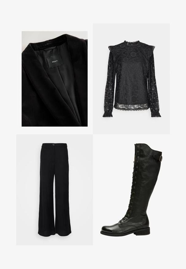 Sort fløjl blazer med en glat satinforing. Bemærkelsesværdige detaljer inkluderer en reverskrave og et mærke indeni, der viser mærket "NEXT."; PIECES Tall PCOLLINE - Bluse - black; Sorte bukser med bred ben, lavet af letvægtsstof, der har en glat tekstur, frontknaplukning og sidelommer.; Sorte læder knæhøje støvler med snørebånd foran, sølvøjer og sidebælte. Har en tekstureret overflade og stablet hæl.