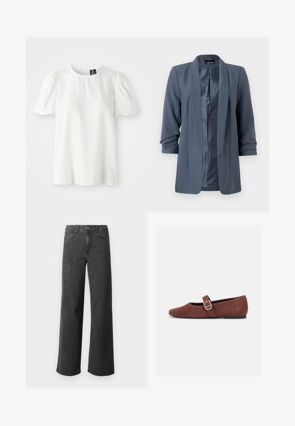 Blazer gris avec une texture lisse, devant ouvert et manches repliées. L'intérieur présente une finition satinée contrastante, au design minimaliste.; Haut blanc à manches courtes avec un col rond et des manches bouffantes froncées. Présente un bord festonné le long du cou. Tissu doux et texturé.; Jeans évasés en denim gris foncé, présentant une texture subtile à motif zèbre, des coutures contrastées, et un design à cinq poches avec un zip à bouton.; Chaussure plate Mary Jane en suède marron avec une bride à boucle dorée et une semelle noire sur fond blanc.