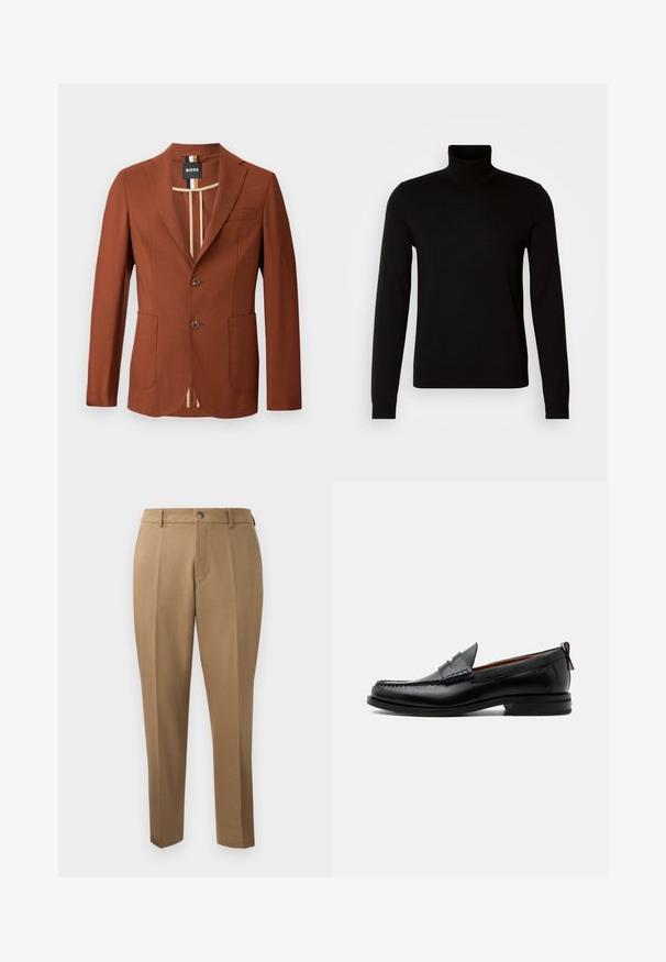 Brun blazer med en skræddersyet design, der har to forlommer, to knapper og en stribet indvendig foring. Glat tekstur, struktureret form.; Sort turtleneck sweater lavet af et fint strikket stof, der har lange ærmer og en tætsiddende silhuet. Glat tekstur med ribbede manchetter.; Brune skræddersyede bukser med lige snit, enkelt plissé, bæltestropper og frontknaplukning. Glat stof med en mat overflade.; Sort læder herre loafer med moc-tå syning, penny strop, struktureret krave og lav stablet hæl på hvid baggrund.