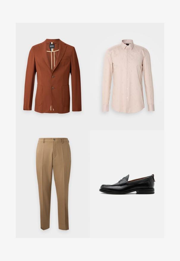 Blazer marron au design ajusté, comprenant deux poches avant, deux boutons et une doublure intérieure rayée. Texture lisse, forme structurée.; Chemise à manches longues rose clair avec un col à boutons, un motif rayé subtil et des motifs circulaires brodés.; Pantalons marron sur mesure avec une coupe droite, plis simples, passants de ceinture et fermeture à bouton sur le devant. Tissu lisse avec une texture mate.; Mocassin homme en cuir noir avec couture moc toe, bride penny, col texturé et petit talon empilé sur fond blanc.