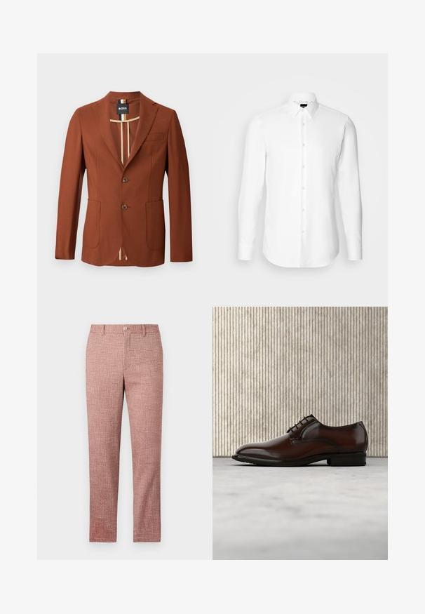 Blazer marrón con un diseño ajustado, que presenta dos bolsillos frontales, dos botones y un forro interior a rayas. Textura suave, forma estructurada.; Camisa blanca de manga larga, con cierre de botones en el frente, cuello clásico, confeccionada con una tela suave con una textura sutil, diseñada para un ajuste entallado.; Pantalones de tejido texturizado rojo con diseño de pierna recta, bolsillos frontales y cierre de botón. La tela presenta un patrón tejido para un detalle añadido.; Zapato de vestir de cuero marrón oscuro pulido con cordones, flotando sobre una alfombra beige, cerca de una pieza de mobiliario redondeada de color ámbar.