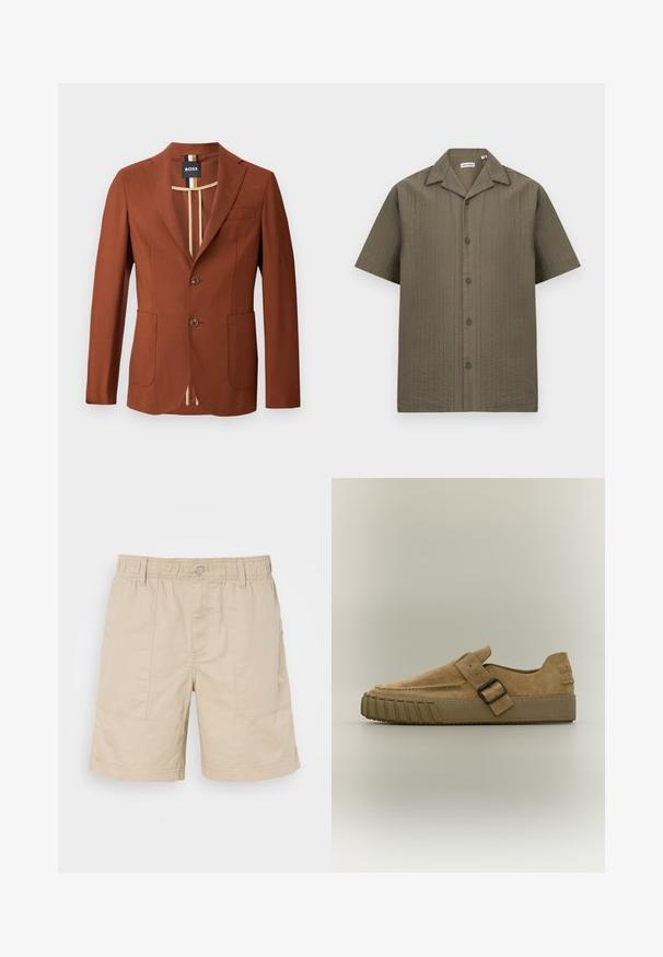 Brun blazer med en skræddersyet design, der har to forlommer, to knapper og en stribet indvendig foring. Glat tekstur, struktureret form.; Kortærmet olivengrøn herreskjorte med knapper, lavet af tekstureret stof og med spidst krave.; Beige bomuldsshorts med elastisk talje, frontknap og to sidelommer. Har diskret syninger og et lille logo på siden.; Tan ruskind slip-on sko med tyk gummisål og sort spænde over toppen, sidevisning på ensfarvet baggrund.