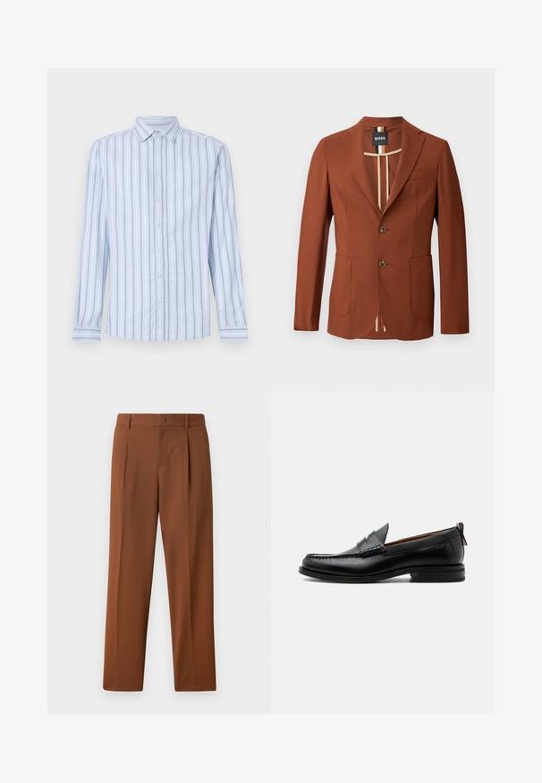 Brun blazer med en skræddersyet design, der har to forlommer, to knapper og en stribet indvendig foring. Glat tekstur, struktureret form.; Lys blå langærmet skjorte med hvide og marineblå lodrette striber, knap-ned krave og frontknaplukning. Skarp stoftekstur.; Brune bukser med en glat, mat tekstur, der har en folder foran og lige ben. Lavet af letvægts, åndbart stof.; Sort læder herre loafer med moc-tå syning, penny strop, struktureret krave og lav stablet hæl på hvid baggrund.
