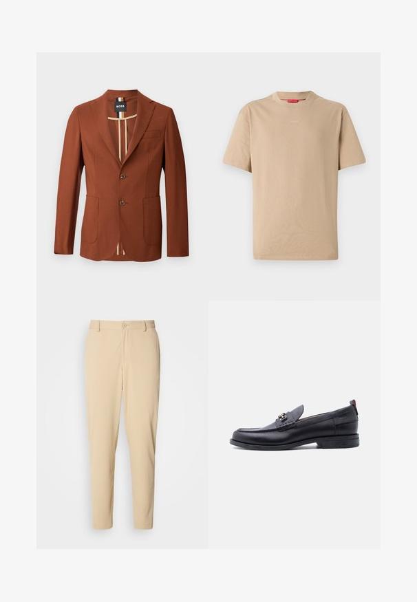 Brun blazer med en skræddersyet design, der har to forlommer, to knapper og en stribet indvendig foring. Glat tekstur, struktureret form.; Beige bomulds T-shirt med korte ærmer, rund halsudskæring og subtilt "HUGO" logo i midten. Glat overflade, afslappet pasform.; Beige bukser med struktur i slim fit, med knaplukning foran, bæltestropper og sidelommer. Glat stoffinish.; Sort lædermokasin med grå tekstureret forfod, sølvfarvet metalspænde, lav hæl og trækflap bagpå.