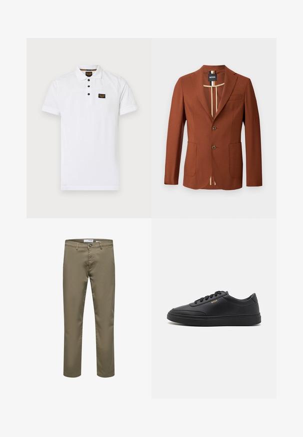 Bruine blazer met een getailleerd ontwerp, voorzien van twee voorzakken, twee knopen en een gestreepte binnenvoering. Gladde textuur, gestructureerde vorm.; Witte polo shirt gemaakt van gestructureerd katoen, met een drieknops sluiting, korte mouwen en een zwart logo op de borst.; Beige rechte mannenbroek met riemlussen, knoopsluiting en voorzakken, weergegeven op een witte achtergrond.; Zwarte leren sneakers met een gladde textuur, ronde neus, platte rubberen zool en tonale veters. Kenmerkt zich door de gouden "BOSS" branding aan de zijkant.