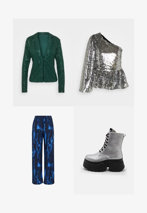 Blazer verde con lentejuelas, cuello con muesca, apertura frontal y mangas largas. Superficie texturizada con lentejuelas brillantes para un efecto resplandeciente.; Sofie Schnoor Top - silver-coloured; Pantalones de pierna ancha de color azul con un patrón que presenta una mezcla de tonos azul oscuro y vibrante. Fabricados con una tela suave y ligera, con una waistband elástica.; Botas de tobillo metálicas plateadas con una superficie texturizada, suela gruesa negra y diseño de cordones. Cuenta con una lengüeta en la parte posterior para facilitar el uso.