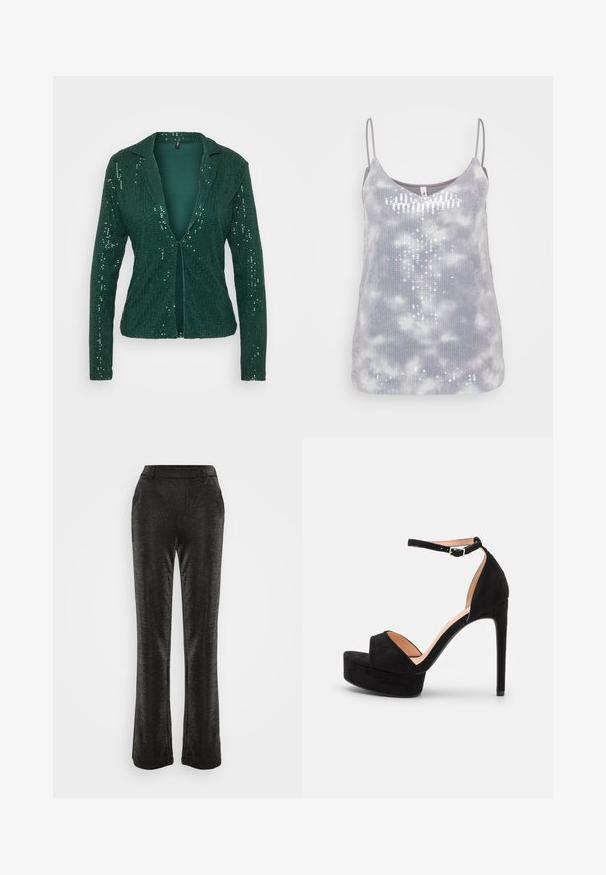 Blazer en sequins verts avec col en pointe, ouverture devant et manches longues. Surface texturée avec des sequins brillants pour un effet étincelant.; Débardeur gris avec une texture douce, présentant un motif tie-dye et des accents de sequins disposés verticalement, avec des bretelles fines ajustables.; Pantalon évasé noir en tissu texturé et pailleté. Doté d'une taille ajustée et de poches latérales, il présente une silhouette lisse jusqu'à l'ourlet.; Sandale à talons hauts en daim noir avec une semelle compensée, bride de cheville avec quincaillerie en argent, design à bout ouvert et texture lisse.