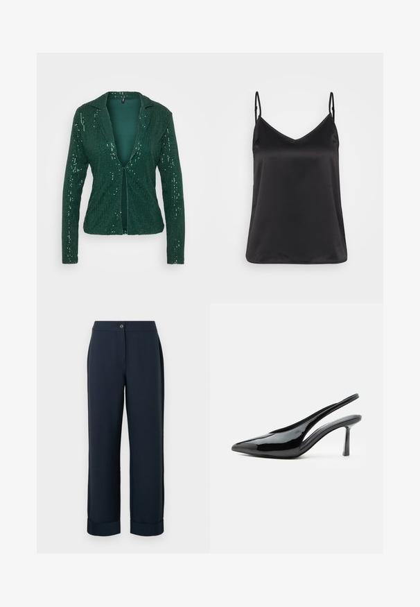 Blazer en sequins verts avec col en pointe, ouverture devant et manches longues. Surface texturée avec des sequins brillants pour un effet étincelant.; Camisole en satin noir avec un décolleté en V, de fines bretelles réglables et une texture lisse et brillante. Aucun motif ni accent supplémentaire.; Pantalons ajustés bleu marine à coupe droite, dotés d'une fermeture à bouton et de ourlets retroussés, fabriqués dans un tissu lisse et léger.; Escarpin slingback en cuir verni noir à talon haut, bout pointu et talon aiguille fin sur fond blanc.