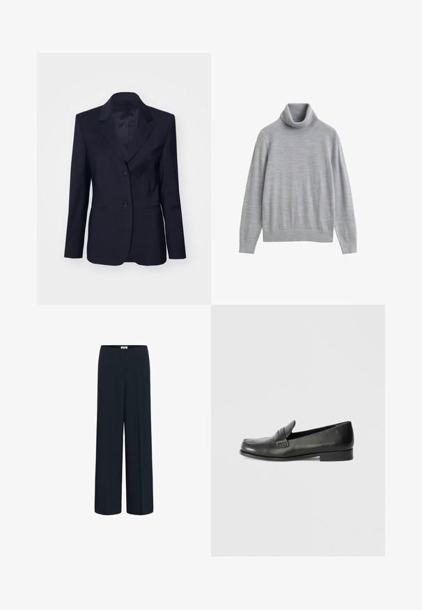 Tiger of Sweden YLJA - Blazer - dark ink; Lichtgrijze coltrui met lange mouwen en geribbelde kraag, manchetten en zoom, afgebeeld op een effen witte achtergrond.; Navy wijde broek gemaakt van een zachte stof. Heeft een hoge taille en strakke lijnen zonder zichtbare sluitingen of versieringen.; Zwarte leren instappers met een ronde neus, verhoogde stiksel details en een lage gestapelde hak. Gladde textuur met een subtiele glans.