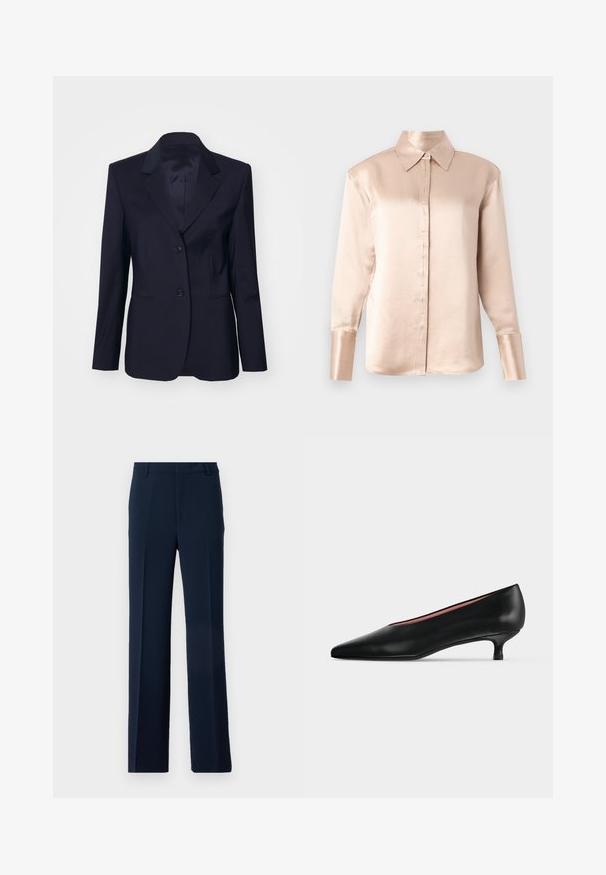 Tiger of Sweden YLJA - Blazer - dark ink; Blouse en satin beige doux avec un col classique, des manches longues, un devant boutonné et une coupe légèrement oversize. Texture lisse, détails minimalistes.; Pantalons bleu marine en tissu lisse, présentant un design à jambe droite avec des plis avant et des poches latérales pour une allure soignée.; Escarpin en cuir noir avec un bout pointu et un petit talon bas, présenté en profil latéral sur un fond clair uni.