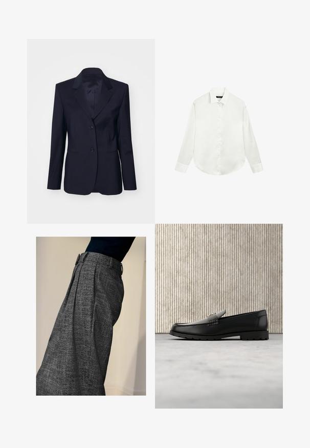 Tiger of Sweden YLJA - Blazer - dark ink; Hvid skjorte med lange ærmer, krave og manchetter, lagt fladt ud med knapperne fastgjort i midten foran.; Person iført højtaljede grå strukturerede bukser med frontfolder og en sort top, vist fra siden mod en ensfarvet baggrund.; Sorte læder loafers med en hævet søm, guld accentlogo og tekstureret rem. Har en tykk, holdbar gummisål.