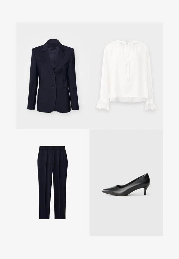 Tiger of Sweden YLJA - Blazer - dark ink; Weiße Bluse mit langen Ärmeln aus glattem Stoff, versehen mit einem runden Halsausschnitt, Knopfverschluss und Spitzenbesatz an den Säumen. Mit einer Krawatte am Hals verstellbar.; Marineblaue maßgeschneiderte Hose mit Gürtelschlaufen, Seitentaschen, vorderer Bügelfalte und geradem Bein.; Schwarzer Leder-Pump mit spitz zulaufender Zehenpartie, niedrigem konischen Absatz, glatter Textur und einem flachen Ausschnitt im Obermaterial für Sichtbarkeit des Fußes.