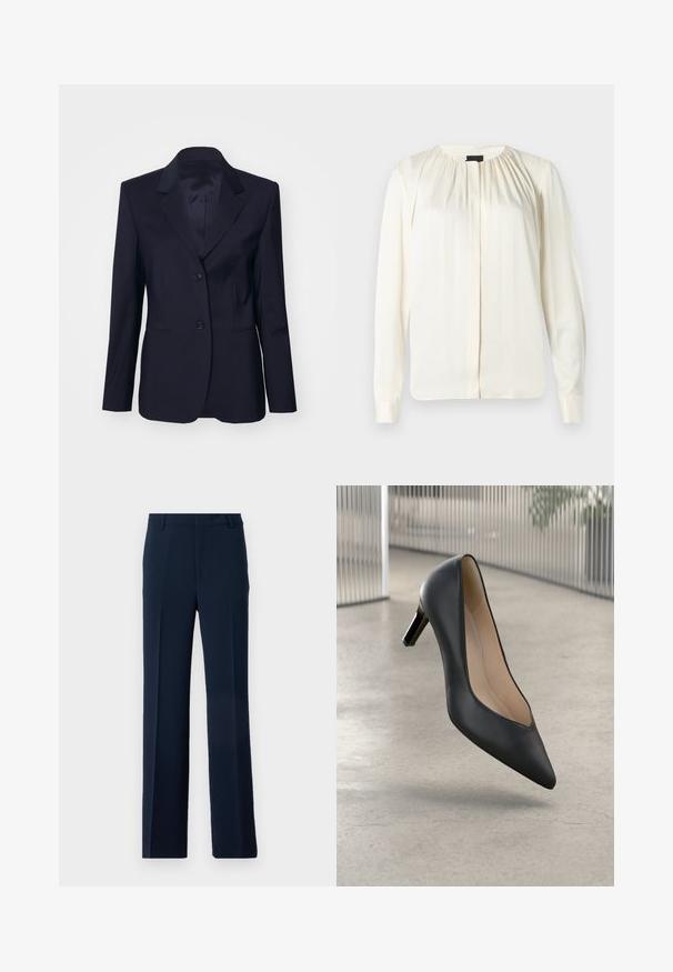 Tiger of Sweden YLJA - Blazer - dark ink; Blouse à manches longues en soie écrue. Dotée d'un col rond, de douces plis aux épaules et de poignets boutonnés. Texture lisse et design minimaliste.; Pantalons bleu marine en tissu lisse, présentant un design à jambe droite avec des plis avant et des poches latérales pour une allure soignée.; Chaussure noire en cuir à talons hauts avec un bout pointu et une silhouette élégante, dotée d'un talon bas et d'un intérieur doux.