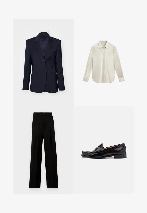Tiger of Sweden YLJA - Blazer - dark ink; Crèmekleurig overhemd met lange mouwen, knoopsluiting, spitse kraag en afgeronde zoom, getoond tegen een witte achtergrond.; Zwarte wijde broek van gladde stof, met een hoge taille, plooien aan de voorkant en een schone, op maat gemaakte uitstraling zonder versieringen.; Zwarte leren mokassin met een glanzende afwerking, voorzien van franjes aan de voorkant en een lage gestapelde hak.