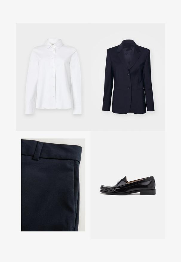 Tiger of Sweden YLJA - Blazer - dark ink; CLOSED CLASSIC SHIRT WITH STRAP DETAIL - Blusa - white; Pantalones azul marino confeccionados en una tela suave y texturizada. Cuentan con un corte recto, una cinturilla sencilla y costuras laterales.; Zapato mocasín de cuero negro con un acabado brillante, que presenta detalles de flecos en la parte delantera y un tacón bajo apilado.