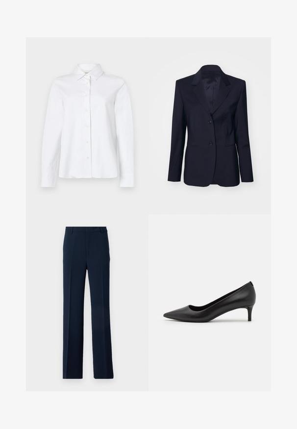 Tiger of Sweden YLJA - Blazer - dark ink; CLOSED CLASSIC SHIRT WITH STRAP DETAIL - Chemisier - white; Pantalons bleu marine en tissu lisse, présentant un design à jambe droite avec des plis avant et des poches latérales pour une allure soignée.; Escarpin noir en cuir avec un bout pointu et un petit talon. Texture lisse, design épuré et détails subtils au niveau du talon.