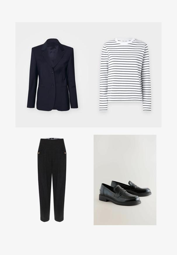 Tiger of Sweden YLJA - Blazer - dark ink; Camisa de manga larga en algodón blanco con rayas horizontales negras. Presenta un cuello redondo y un corte relajado. Sin acentos o patrones notables.; Pantalones negros a medida con un tejido texturizado, que presentan bolsillos frontales, acentos de botones en tono dorado y una silueta ajustada.; Mocasines de cuero negro con un acabado suave, detalles de costura elevados y un tacón bajo y cuadrado. Los acentos laterales son mínimos y elegantes.