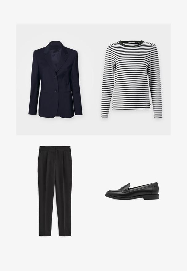 Tiger of Sweden YLJA - Blazer - dark ink; Camisa de manga larga a rayas en blanco y negro, con un cuello redondeado verde. Tejido suave con un corte regular y dobladillo recto.; Pantalones negros de corte ajustado, con una parte frontal plana, dos bolsillos laterales y un diseño limpio y sin costuras. Fabricados en una tela suave y transpirable.; Mocasines de piel negra con una textura suave, que presentan un detalle trenzado en la parte superior y un tacón bajo y redondeado. Diseño y forma simples.