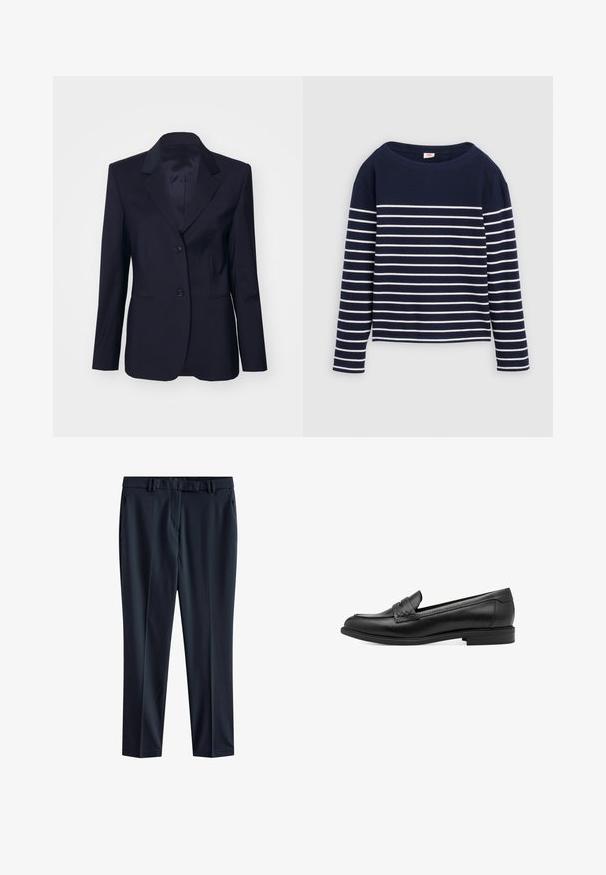 Tiger of Sweden YLJA - Blazer - dark ink; Levi's® MARIN STRIPE - Longsleeve - navy/egret; Marineblauwe broek van gladde stof met een rechte snit, voorzien van een tailleband met riemlussen en zijzakken.; Zwarte leren instapper met een gladde textuur, voorzien van een gevlochten accent over de bovenkant en een lage, ronde hak. Eenvoudig ontwerp en vorm.