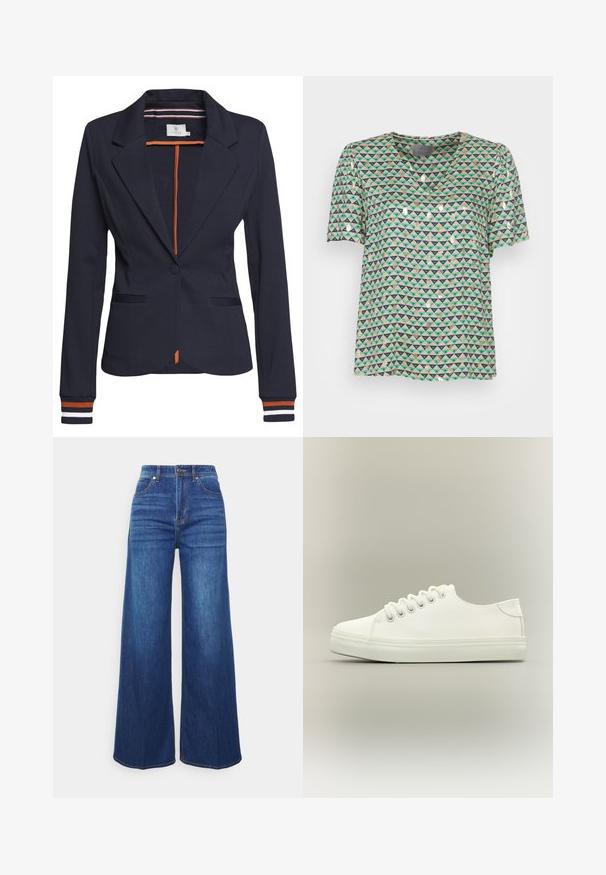Marineblauwe blazer met een getailleerde pasvorm, voorzien van een enkele knoop, twee voorzakken en gestreepte details op de mouwen en aan de binnenkant.; Korte mouwen, V-hals blouse in lichte stof met een geometrisch driehoekpatroon in groen, beige en marineblauw, met metallic accenten.; Wijduitlopende denim jeans in een middelmatige indigo, met een hoge taille, voorkezen en subtiele vervaging. Klassiek vijf-pocket ontwerp met stikdetails.; Witte lage sneaker met witte veters en rubberen zool, zijaanzicht op een neutrale achtergrond.