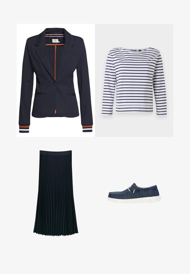 Navyblazer mit figurbetonter Passform, ausgestattet mit einem einzigen Knopf, zwei Fronttaschen und gestreiften Details an den Ärmelbündchen und im Innenfutter.; Gestreiftes langärmeliges Oberteil in Weiß und Navy mit Bootsausschnitt und lockerer Passform. Hergestellt aus weichem Baumwollmaterial mit genähten Säumen.; Plissierter Rock aus dunklem Marine-Stoff, mit einem glatten Bund und vertikalen Falten für Textur und Bewegung, mit einer fließenden Silhouette.; Marineblaue Freizeit Schuhe aus strukturiertem Stoff, mit einer weiß gepunkteten Sohle, abgerundeter Zehenform und elastischen Schnürsenkeln für einfaches Anziehen.
