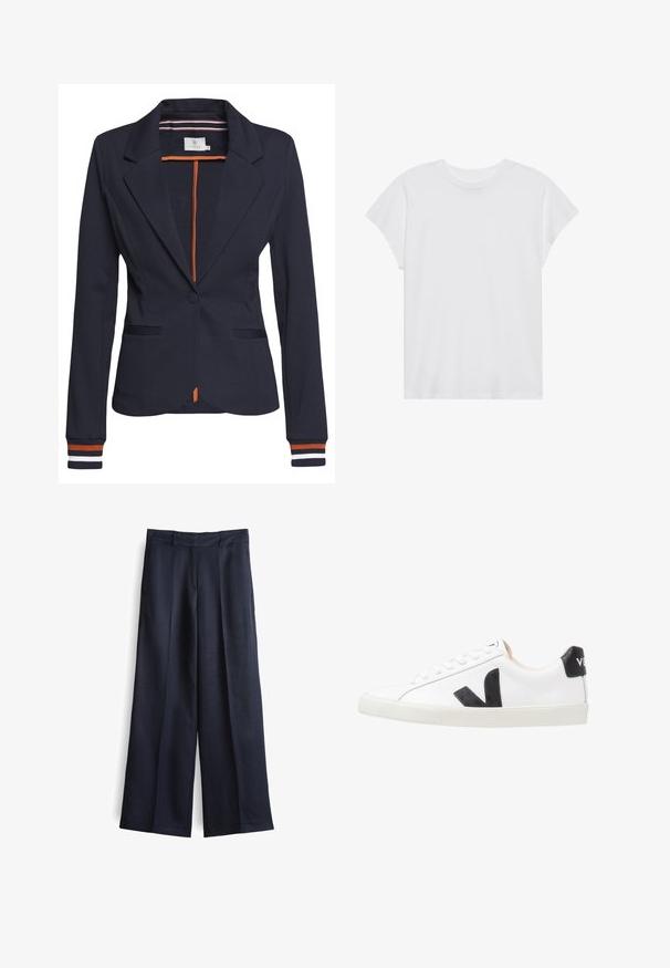 Marineblauwe blazer met een getailleerde pasvorm, voorzien van een enkele knoop, twee voorzakken en gestreepte details op de mouwen en aan de binnenkant.; Witte t-shirt met korte mouwen, ronde hals, relaxte pasvorm, gemaakt van zacht katoen. Glad textuur, geen patronen of logo's.; Wijd uitlopende broek in donker marineblauwe stof met een soepele textuur, voorzien van een voornaad, riemlussen en een op maat gemaakte tailleband.; Witte sneaker met een zwart V-logo, voorzien van een gladleren bovenwerk, ronde neus, vetersluiting en een contrasterende zwarte hieltab.