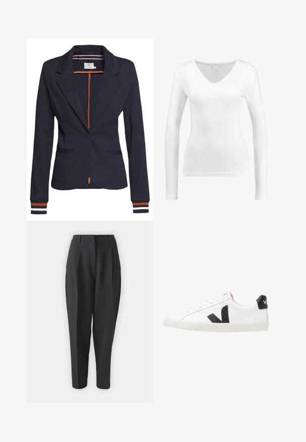 Marineblazer med skræddersyet pasform, der har en enkelt knap, to.forlommer og stribede detaljer på ærmerne og indersiden.; Hvid langærmet V-hals top lavet af glat, let stof; tætsiddende design uden yderligere mønstre eller hardware detaljer.; Sorte skræddersyede bukser med høj talje, plisseringer og indsnævret ben. Glat stof uden synlige mønstre eller udsmykninger.; Hvide sneakers med et sort V-logo, der har en glat læderoverdel, rund tå, snørrelukning og en kontrasterende sort hælflap.