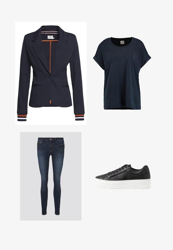 Tumed blazer, millel on kohandatud lõige, millel on üks nupp, kaks esi-taskut ja triibuline detail käiste ja siseruumi peal.; Tumed meresinine lühikese varrukaga t-särk pehme ja sileda kangaga, ümmarguse kaelusega ja voltidega mansettidega, lõdva lõikega ja ilma nähtavate mustriteta.; Kitsad teksad, tumedast sinisest denimist, millel on oranž õmblus, nupu sulgemine ja ees taskud. Sile tekstuur ja vormitatud kuju.; Must mustaga nahkmatid tekstuurse pinnaga, valge kummist tallaga, ümar varvas ja nööridega disain. Omab tikanduksi ja siledat keelt.