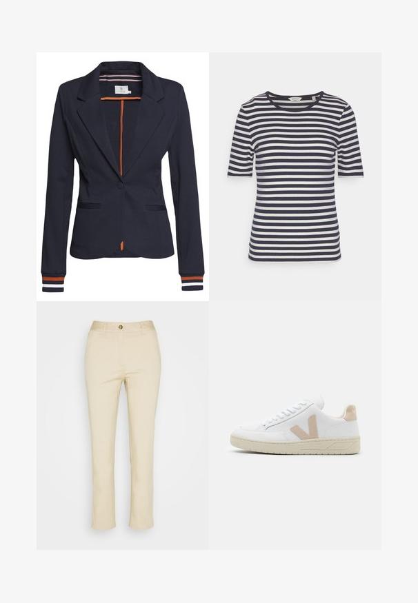 Blazer marine avec une coupe ajustée, présentant un bouton unique, deux poches avant et des détails rayés aux poignets et à l'intérieur.; T-shirt rayé bleu marine et blanc, à manches courtes, décolleté arrondi, en coton doux, présentant des rayures régulières et une coupe décontractée.; Pantalon en coton beige avec une coupe droite, doté d'une fermeture à bouton à l'avant et de poches latérales. Texture lisse et détails minimalistes.; Baskets blanches avec des accents en daim beige, bout arrondi et lacets blancs. Semelle en caoutchouc texturé et détail du logo sur le talon.