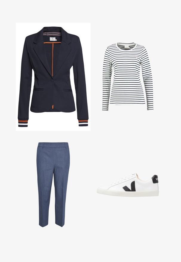 Blazer azul marino con un corte ajustado, que presenta un solo botón, dos bolsillos frontales y un detalle de rayas en los puños y el interior.; Camisa blanca de manga larga con rayas horizontales azul marino y un pequeño detalle de corazón rosa en el pecho izquierdo.; Pantalones a medida de tela azul oscura con una sutil textura. Presentan un frente plano, piernas rectas y una cintura de altura media. Sin bolsillos visibles.; Zapatilla blanca con un logo en V negro, con una parte superior de cuero liso, puntera redonda, cierre de cordones y una lengüeta en el talón de color negro en contraste.