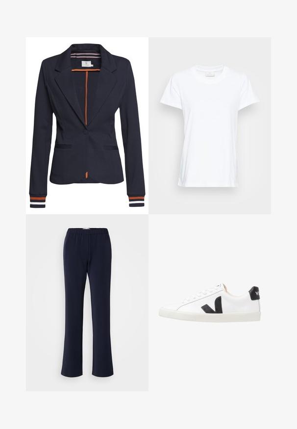 Marineblazer med skræddersyet pasform, der har en enkelt knap, to.forlommer og stribede detaljer på ærmerne og indersiden.; Hvid kortærmet t-shirt lavet af blød bomuld. Har en rund halsudskæring og en let løs pasform med sideslidser for ekstra komfort.; Marineblå bukser med lige ben lavet af strækstof med elastisk talje og to forlommer. Glat tekstur uden synlige mønstre.; Hvide sneakers med et sort V-logo, der har en glat læderoverdel, rund tå, snørrelukning og en kontrasterende sort hælflap.