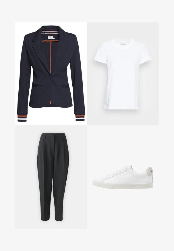 Blazer azul marino con un corte ajustado, que presenta un solo botón, dos bolsillos frontales y un detalle de rayas en los puños y el interior.; Camiseta blanca de manga corta hecha de algodón suave. Presenta un escote redondo y un corte ligeramente holgado con aberturas laterales para mayor comodidad.; Pantalones negros ajustados con cintura alta, pinzas y pierna entallada. Tejido liso sin patrones ni adornos visibles.; Zapatillas de cuero blanco con una suela de goma texturizada en un tono blanco roto. Las características incluyen cordones, costuras sutiles y un acento en gamuza gris en el talón.