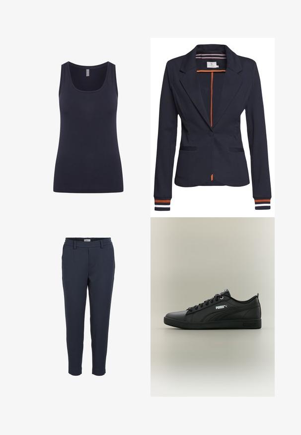 Navyblazer mit figurbetonter Passform, ausgestattet mit einem einzigen Knopf, zwei Fronttaschen und gestreiften Details an den Ärmelbündchen und im Innenfutter.; Marineblaue Tank-Top mit rundem Ausschnitt und breiten Tragriemen, aus glattem, dehnbarem Stoff gefertigt. Einfaches Design ohne Muster oder Verzierungen.; Marineblaues Paar Hose aus glattem Stoff mit tailliertem Design, seitlichen Taschen und einem elastischen Bund für zusätzlichen Komfort. Flacher Bund ohne Muster.; Schwarzer flacher Puma-Sneaker mit Schnürsenkeln, seitlichem Logo und strukturierter Sohle auf neutralem Hintergrund, von der Außenseite gezeigt.