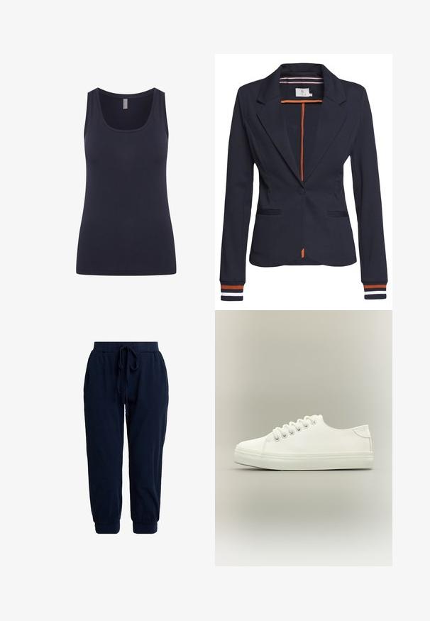 Blazer azul marino con un corte ajustado, que presenta un solo botón, dos bolsillos frontales y un detalle de rayas en los puños y el interior.; Tirantes de color azul marino con escote redondeado y tirantes anchos, fabricado en tejido suave y elástico. Diseño simple sin patrones ni acentos.; Pantalones jogger azul marino hechos de tela suave. Cuentan con una cintura elástica con cordón ajustable y puños en los tobillos para un ajuste relajado.; Zapatilla blanca baja con cordones blancos y suela de goma mostrada desde vista lateral sobre un fondo neutro.