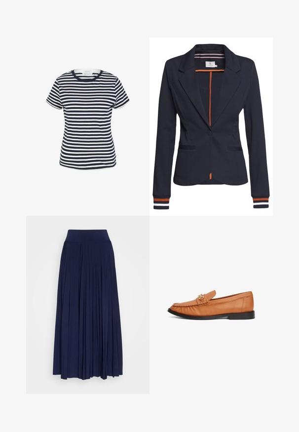 Navyblazer mit figurbetonter Passform, ausgestattet mit einem einzigen Knopf, zwei Fronttaschen und gestreiften Details an den Ärmelbündchen und im Innenfutter.; Navy- und weiß gestreiftes T-Shirt aus Bio-Baumwolle, mit Rundhalsausschnitt und kurzen Ärmeln, mit geradem Saum am unteren Ende.; Marineblaue Faltenrock aus weichem Stoff, mit einem breiten, bequemen Bund und einem fließenden Design, das durchgängige vertikale Falten aufweist.; Hellbraune Lederloafer mit gesticktem Design, flacher schwarzer Sohle und goldfarbener Schnallenakzent im Riemen. Glatte Textur, zum Hineinschlüpfen.