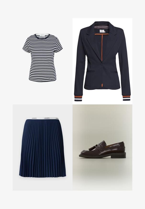 Navyblazer mit figurbetonter Passform, ausgestattet mit einem einzigen Knopf, zwei Fronttaschen und gestreiften Details an den Ärmelbündchen und im Innenfutter.; Navy- und weiß gestreiftes T-Shirt aus Bio-Baumwolle, mit Rundhalsausschnitt und kurzen Ärmeln, mit geradem Saum am unteren Ende.; Marineblauer Faltenrock mit strukturiertem Design, elastischem Bund mit "LACOSTE"-Branding und glattem Stoff.; Dunkelbrauner Lederloafer mit Quasten, niedrigem Absatz und genähter Sohle, von der Seite auf neutralem Hintergrund gezeigt.