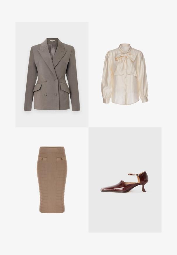 Grau doppelreiher Blazer mit satinierter Innenseite, Reverskragen, zwei Vordertaschen und zwei Knopfverschluss. Taillierter Schnitt mit strukturierten Schultern.; Cremefarbene Satinbluse mit langen Puffärmeln, Knopfleiste vorne und großer, gebundener Schleife am Kragen.; Beige gerippter Bleistiftrock mit einer figurbetonten Silhouette, strukturiertem Muster, zwei vorderen Taschen und goldenen Knopfdetails. Aus einem elastischen Stoff gefertigt.; Burgunderfarbenes Lackleder-Schuhwerk mit einer spitzen Zehe, Knöchelriemen und einem 5 cm hohen, konisch zulaufenden Absatz. Glatte Textur und minimalistisches Design.