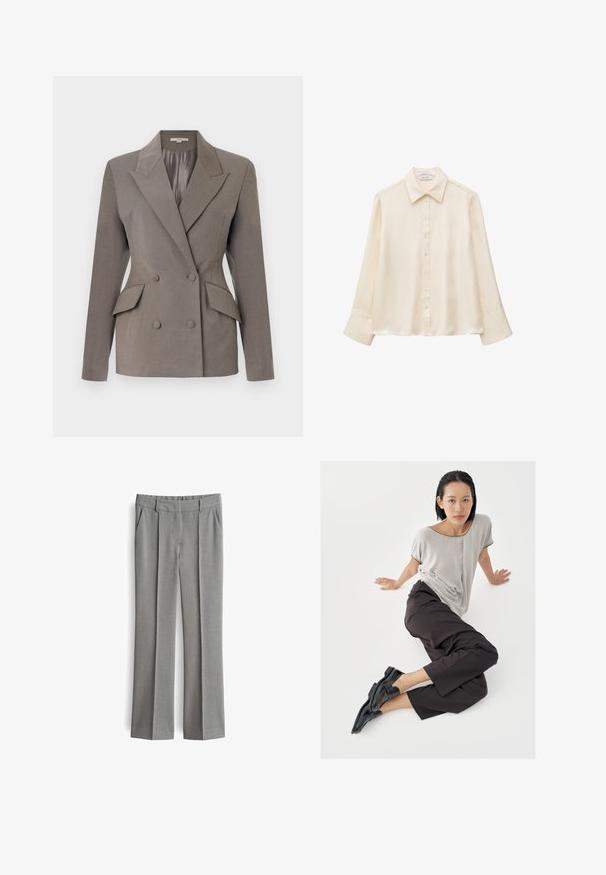 Dubbel boord grijze blazer met een satijnen binnenkant, pieklapels, twee voorzakken en een twee-knoopsluiting. Getailleerde pasvorm met gestructureerde schouders.; Crèmekleurige zijden blouse met lange mouwen, puntkraag en knoopsluiting aan de voorkant, weergegeven op een effen witte achtergrond. Geen zichtbare patronen of ontwerpen.; Heren slimfit grijze broek met voorplooien, riemlussen en zijzakken, plat gelegd op een witte achtergrond.; Lichtgrijze top met korte mouwen, donkere wijde broekspijpen en zwarte loafers. Soepele stof, ontspannen pasvorm en contrasterende bies op het shirt.